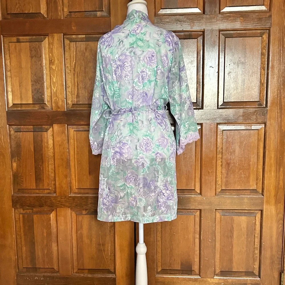 Vtg LA Intimates Robe Large Purple Green Floral Sheer Kimono Cottagecore 80s 90s